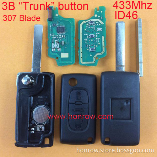 High quality Peugeot 3 Button 433MHz ID46 Chip wflip remote key with VA2 307 blade Trunk button Car key with battery place